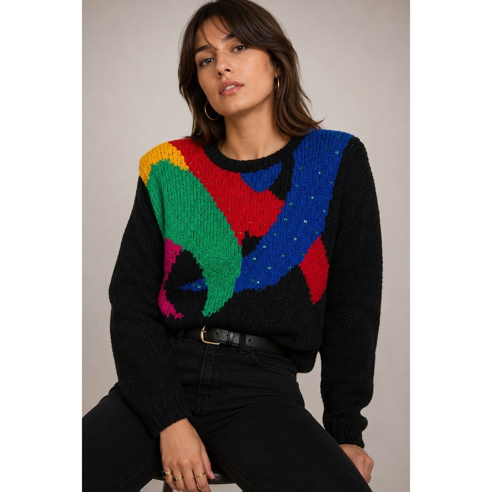 Vintage Import Workshop Abstract Maximalist Sequin Art Sweater Small 80s 90s
